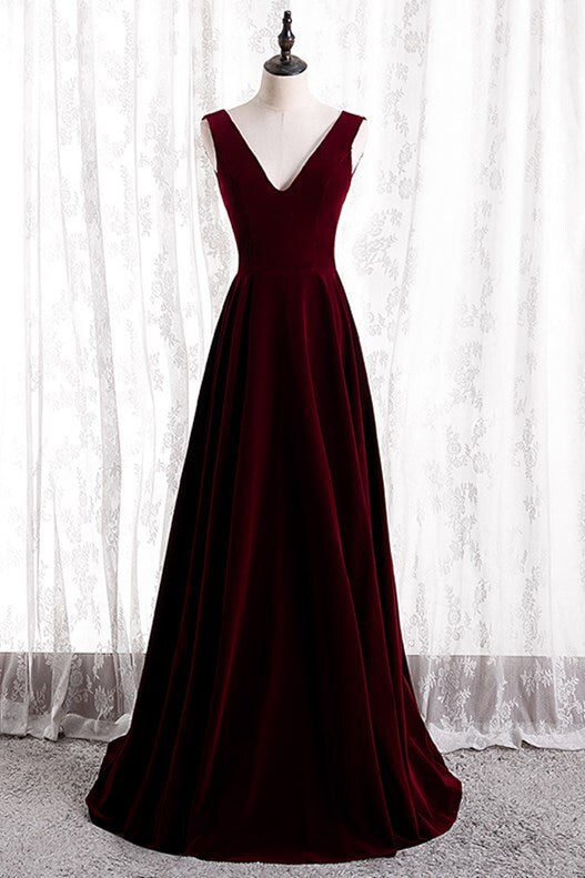 Simple Burgundy Velvet Long Party Dress