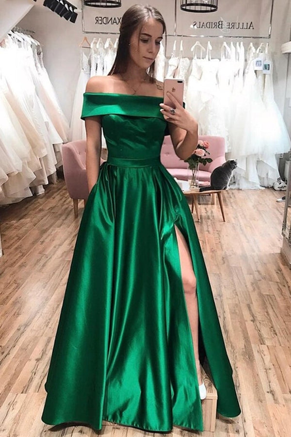 SSR0767,Off the shoulder green prom dresses a-line satin full length evening dresses online