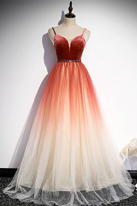 Simply A-line Ombre Red Long Prom Dress