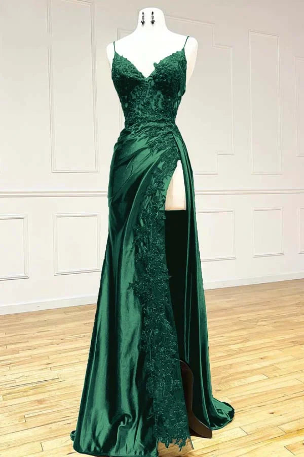 Sleeveless Long Split Mermaid Spaghetti Strap Prom Dress with Embroidered,SSR1089