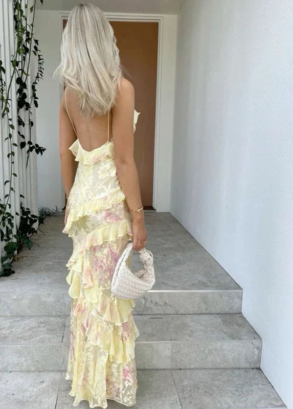 Spaghetti Straps Floral Yellow Chiffon Floor Length Evening Dress Prom Dresses,SSR1098