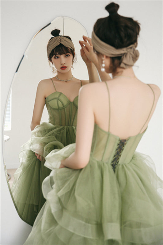 Spaghetti Straps A-line Sage Green Long Formal Dress