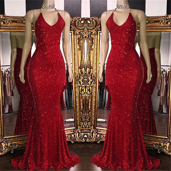 Sparkle Sequins Sexy Red Prom Dresses Backless Formal Evening Gowns,SSR1108