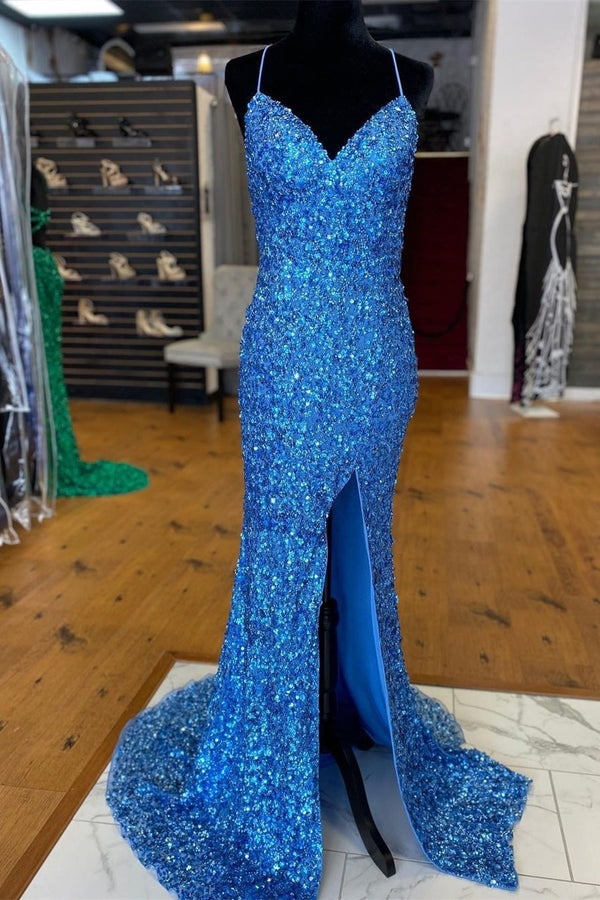 Sparkle Blue Sequin Mermaid Side Slit Long Formal Dress
