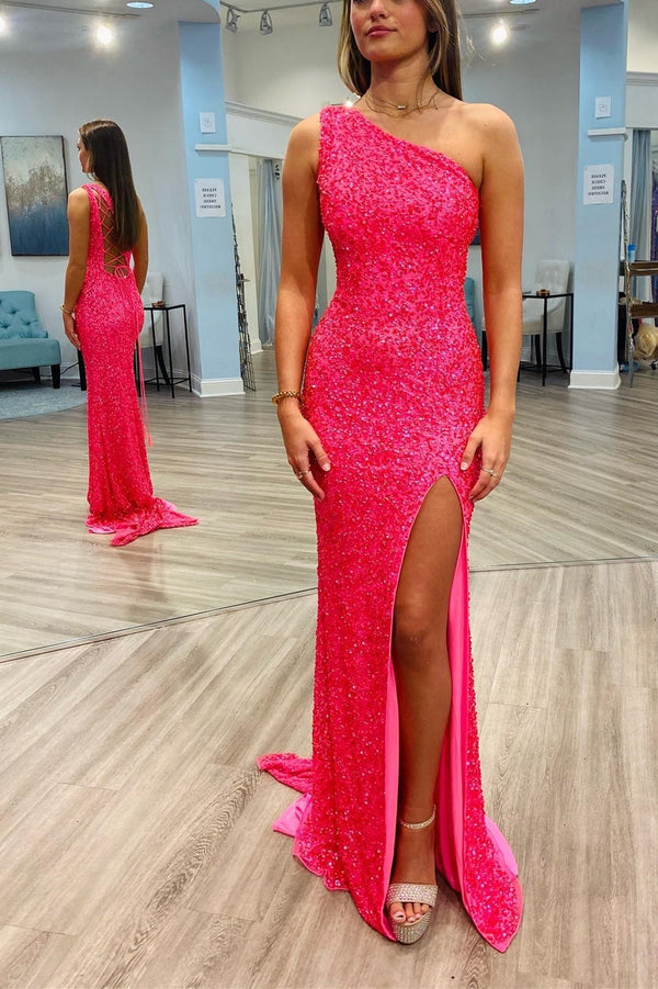 Sparkle Hot Pink Sequin Mermaid One Shoulder Long Formal Dress