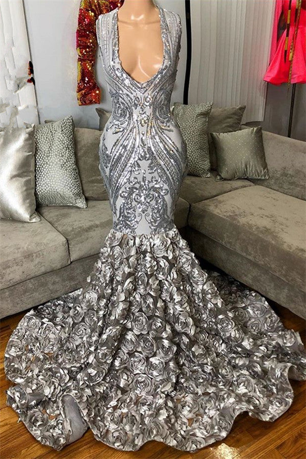Sparkling Sequins Sliver Flower Prom dresses | Sexy Deep V-neck Mermaid Evening Gowns,SSR1156