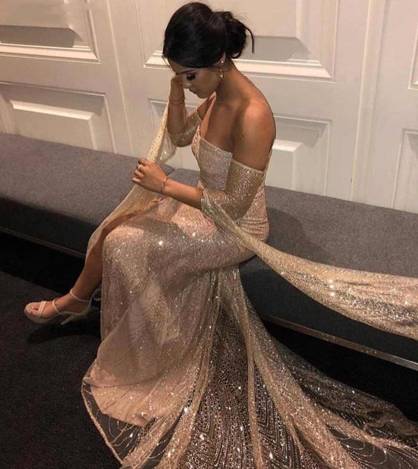 SSR0163,Gold Long Sleeve Sparkly Off Shoulder Special Designed Mermaid Prom Dresses