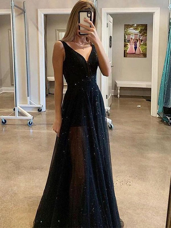 SSR0122,Custom Made A Line V Neck Sparkly Sequins Black Long Prom Dresses,Black V Neck Sequins Long Evening Dresses