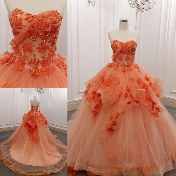 SSR0858,Orange Sleeveless Prom Dresses Floral Beaded Sweet 16 Dress