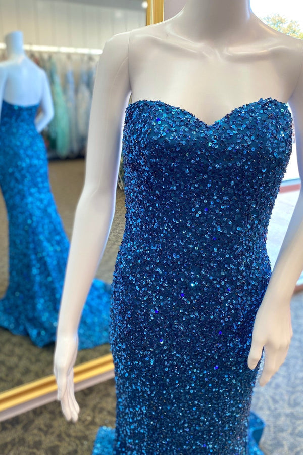 Strapless Blue Sequin Mermaid Long Formal Dress