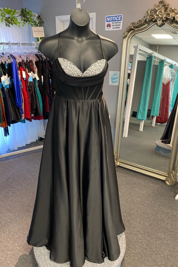 Straps Black Satin Beaded A-line Long Formal Dress