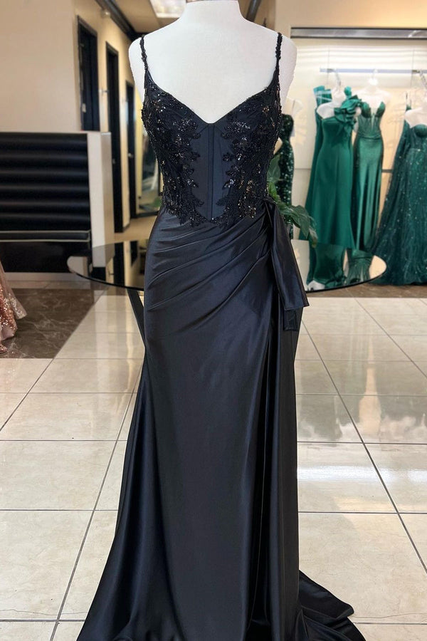 Straps Black Satin Mermaid Beaded Long Evening Dress with Slit