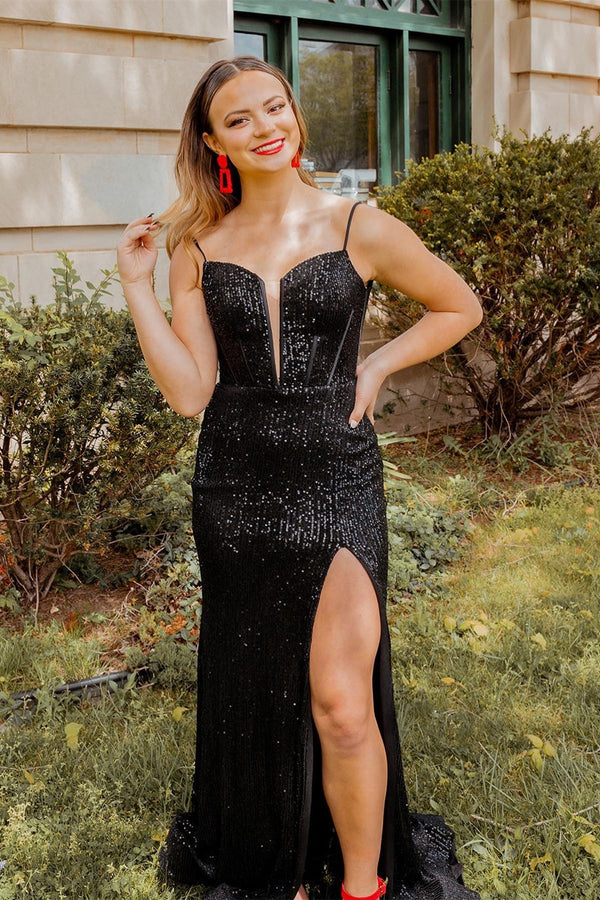 Straps Black Sequin Mermaid Long Formal Dress