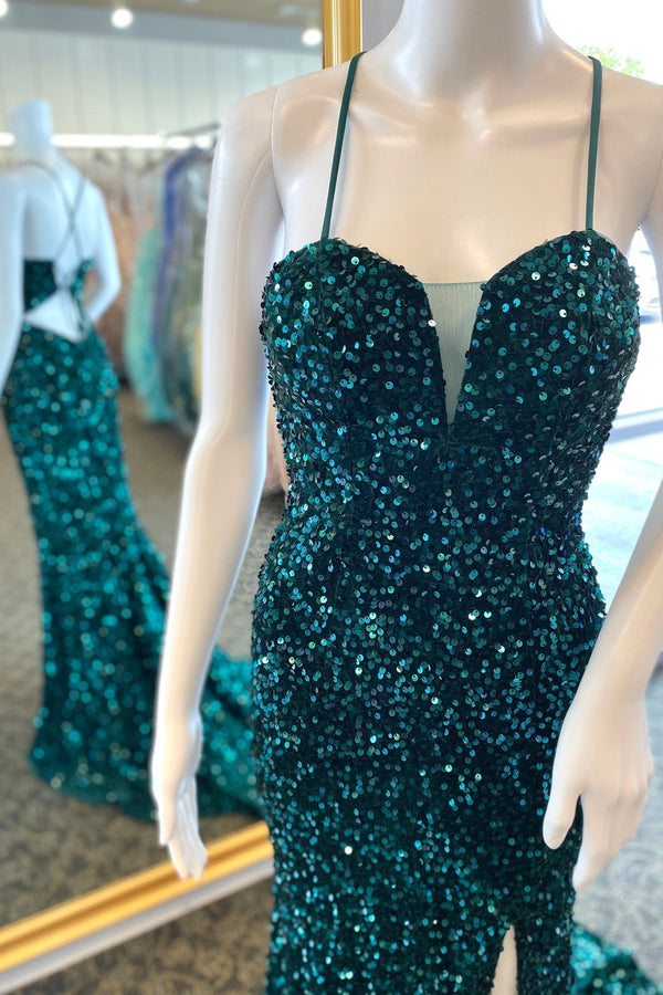 Straps Dark Green Sequin Mermaid Long Formal Dress