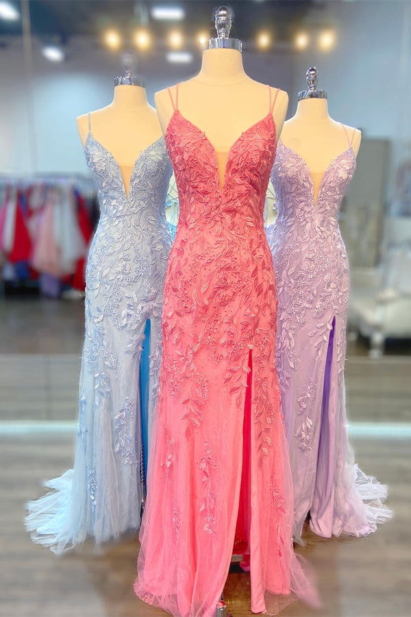 Straps Lace Appliques Mermaid Long Formal Dress with Lace Up Back