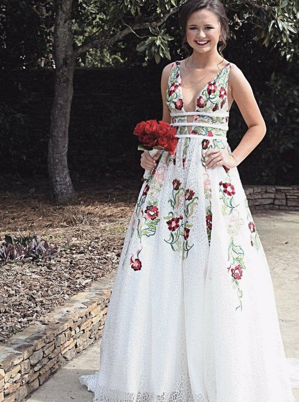 SSR0561,Elegant white embroidery long prom dress lace a-line formal party dresses