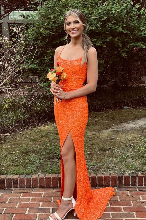 Straps Orange Sequin Mermaid Long Formal Dress