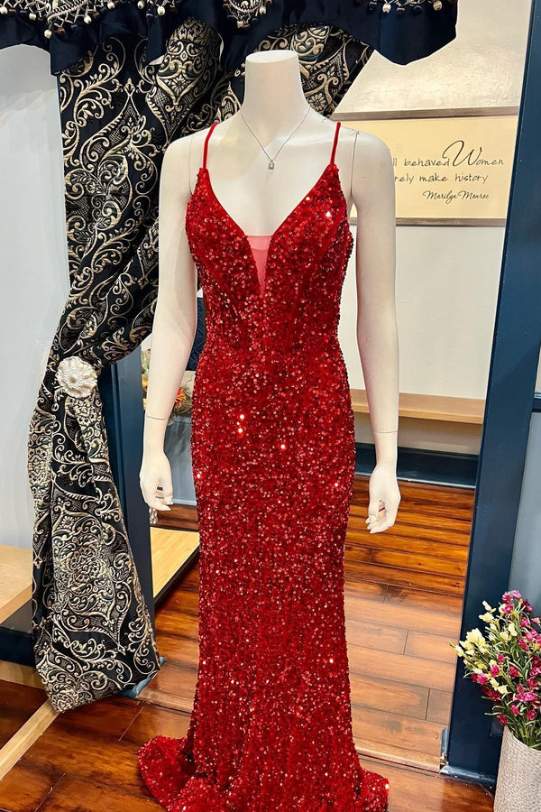 Straps Red Sequin Mermaid Long Formal Dress