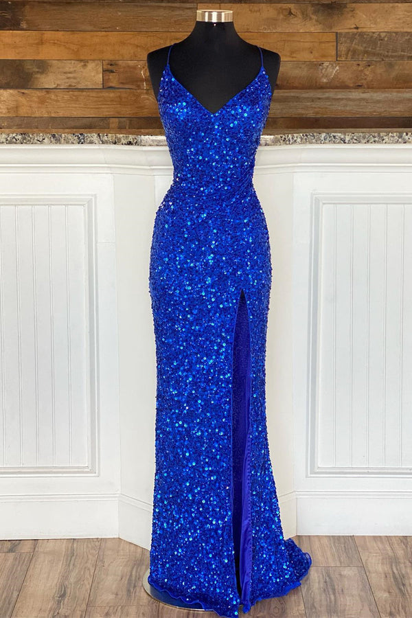 Straps Royal Blue Sequin Mermaid Long Formal Dress