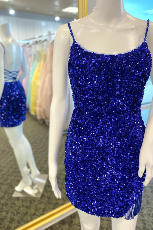Straps Royal Blue Sequin Tassels Tight Mini Dress