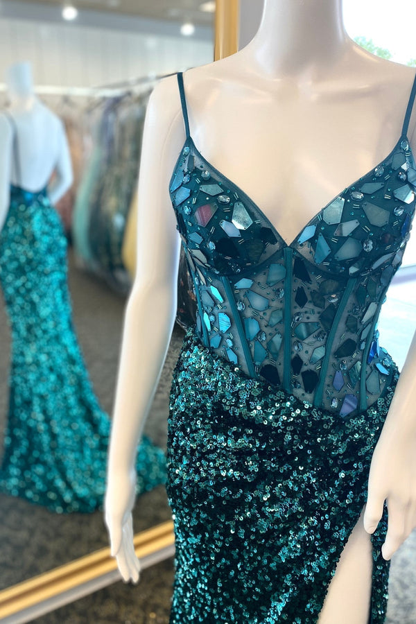 Straps Turquoise Mirror Glass Sequin Mermamid Formal Dress