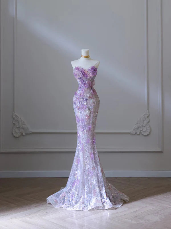 Sweetheart Lilac Tulle Sequin Flowers Long Prom Dresses,SSR1097