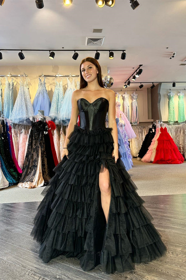 Sweetheart Corset Black Tiered Ruffles Long Formal Gown