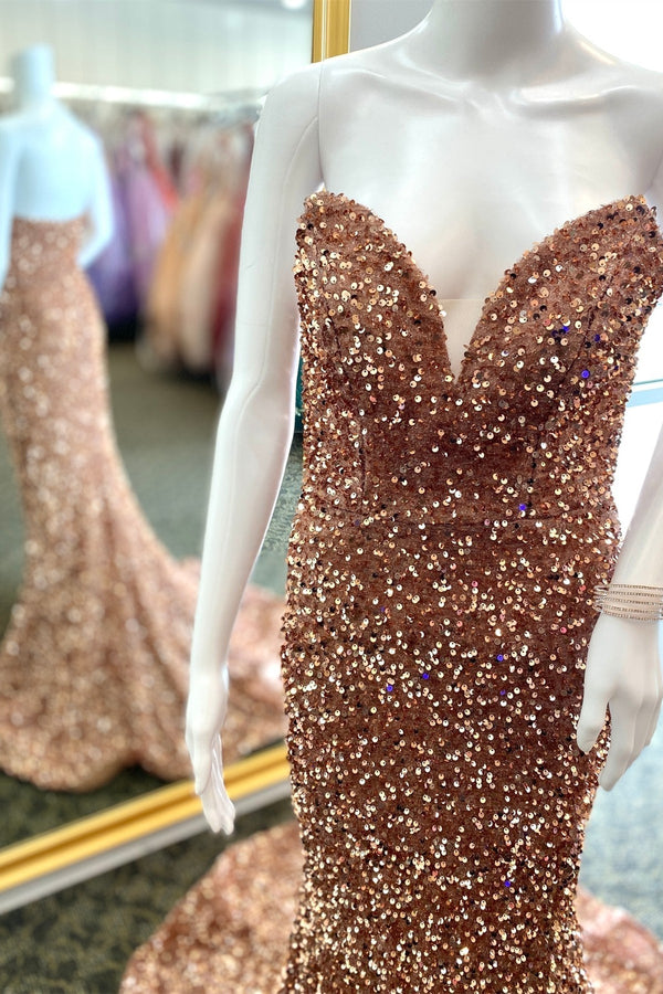 Sweetheart Rose Gold Sequin Mermaid Long Formal Dress