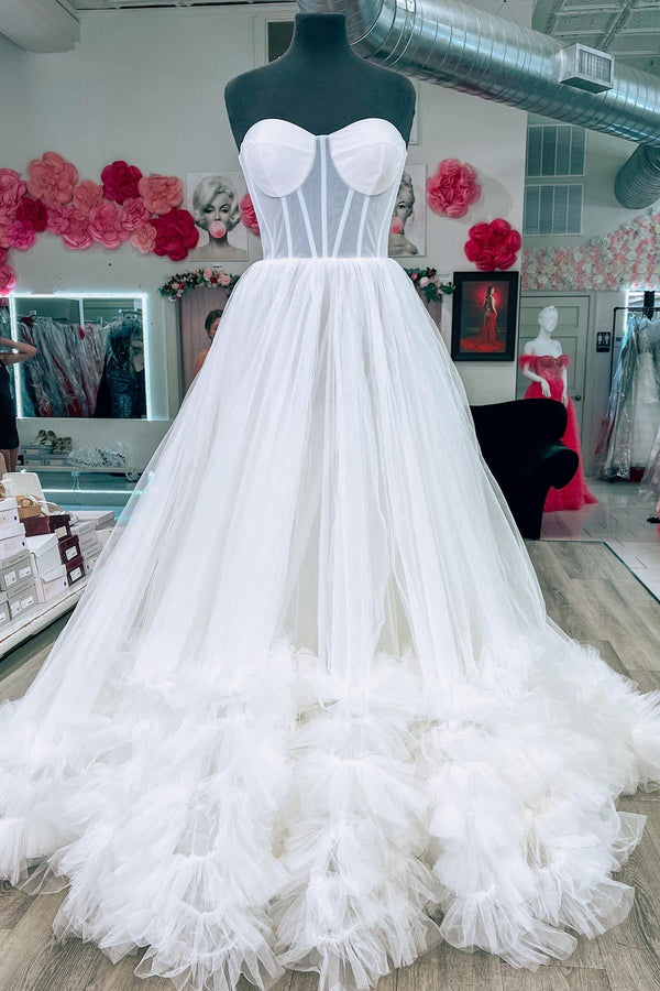 Sweetheart White Corset Ruffles Long Formal Dress