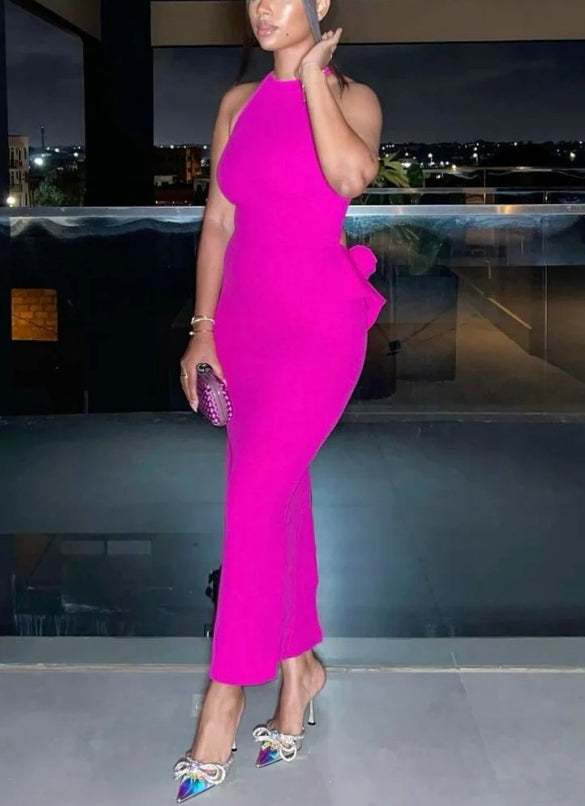 Fuchsia Halter Ankle Length Mermaid Evening Party Dress Charming Formal Dress Solid Color