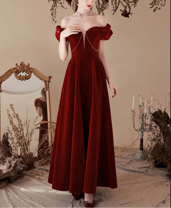 Wine Red Velvet Beaded Off Shoulder Sweetheart Prom Dress Bridesmaid Dress Elegant Evening Dress