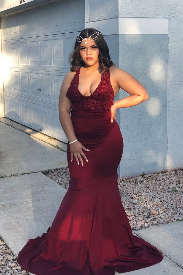 SSR0180,Plus Size Burgundy Mermaid Prom Dresses Dark Red Long Evening Dress