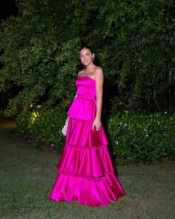 Fuchsia Strapless A-Line Satin Layers Long Prom Dress Off Shoulder Floor Length Evening Dress