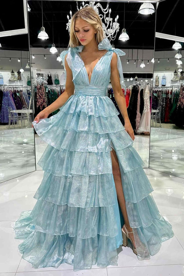 Tie Up Organza Ruffle Long Prom Dress
