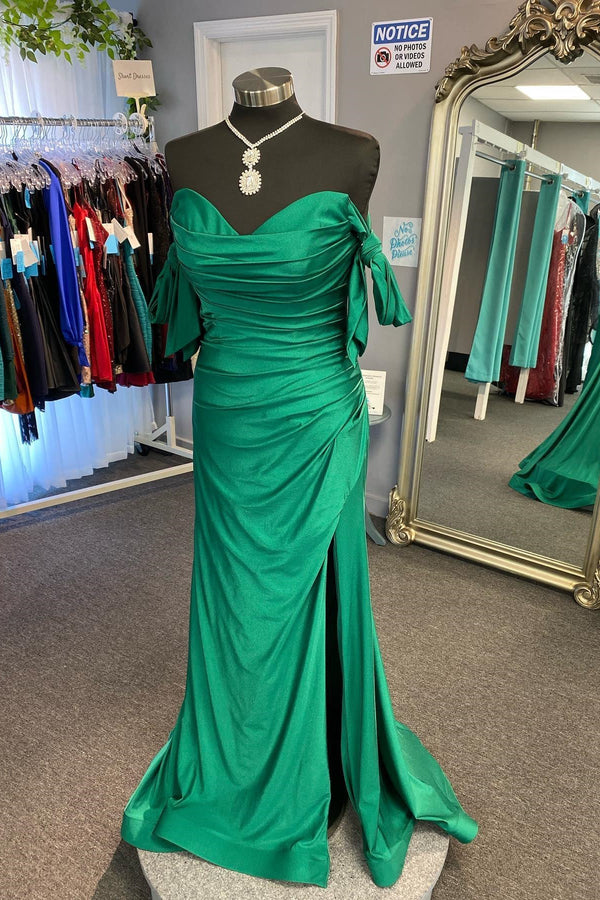 Tie Shoulders Pleated Green Mermaid Long Formal Dress