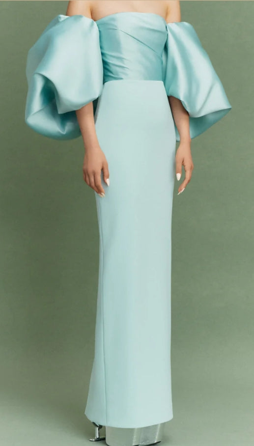 Tiffany Blue Off the Shoulder Satin Party Dress,SSR3571