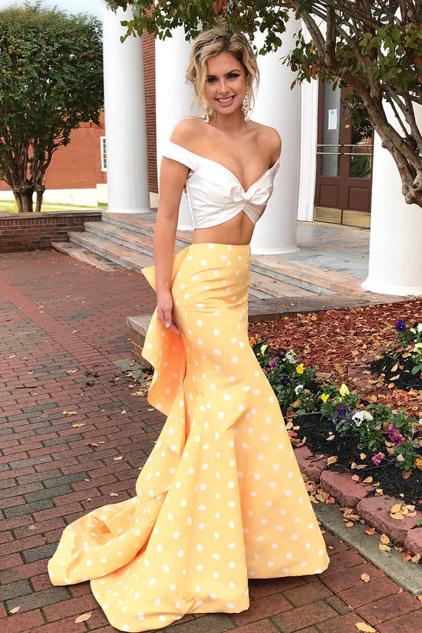 SSR0785,Two pieces prom dress,off the shoulder prom dresses,yellow evening dress