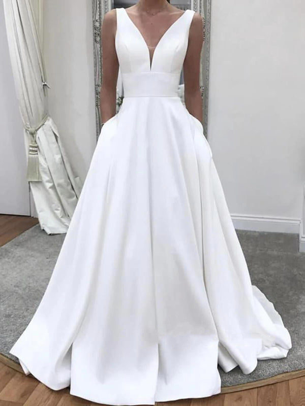 SSR1128,Charming white v-neck long wedding dresses,A-line satin bridal dress,long wedding gown