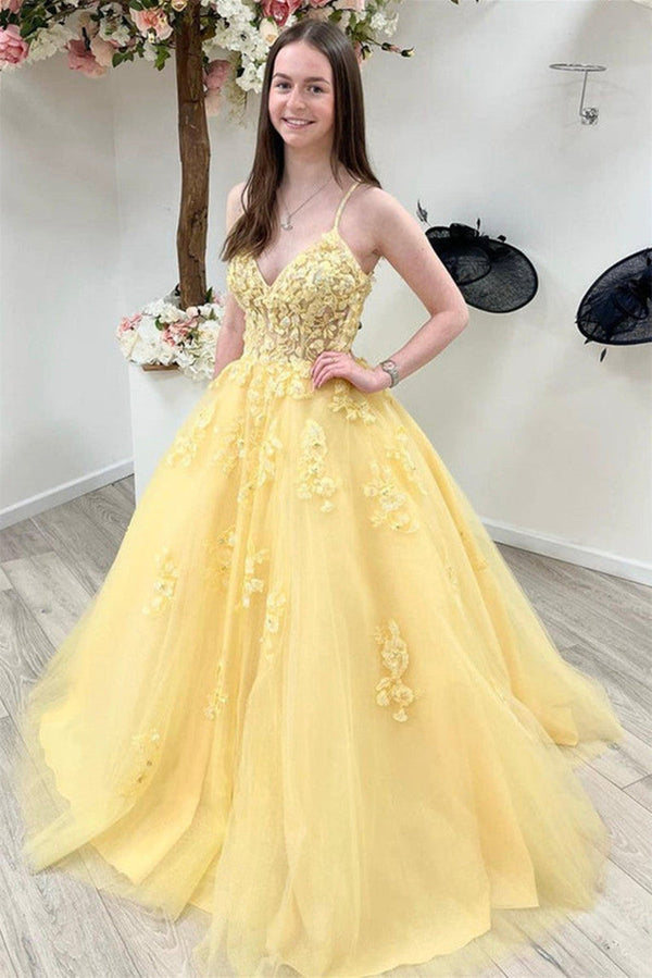 SSR0862,V Neck Open Back Yellow Tulle Lace Long Prom Dresses,V Neck Yellow Formal Dresses,Yellow Lace Evening Dresses