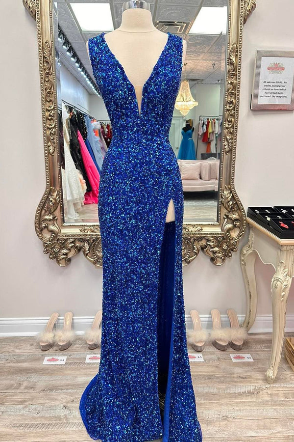 V Neck Blue Sequin Lace Up Back Long Dress