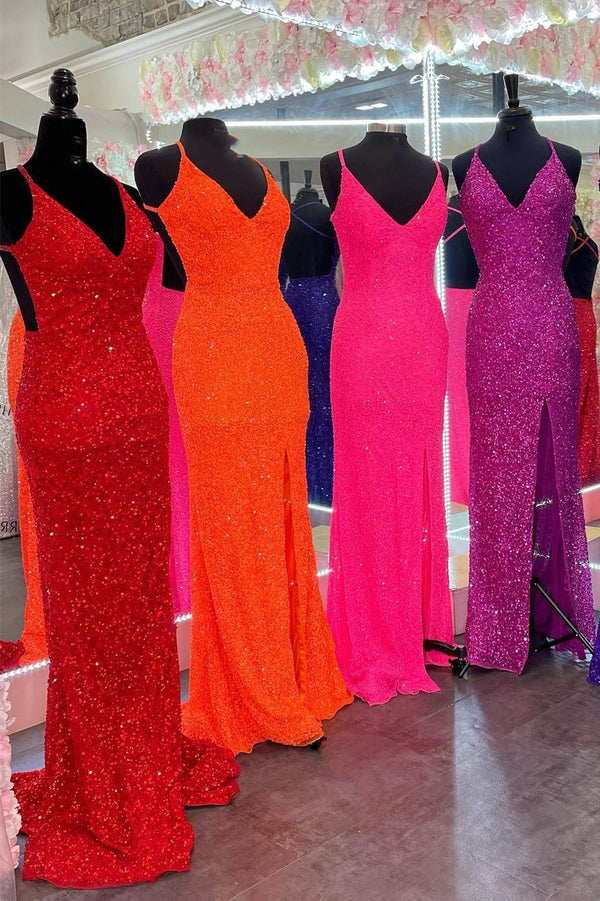 V Neck Sequins Mermaid Long Formal Dress with Cross Back