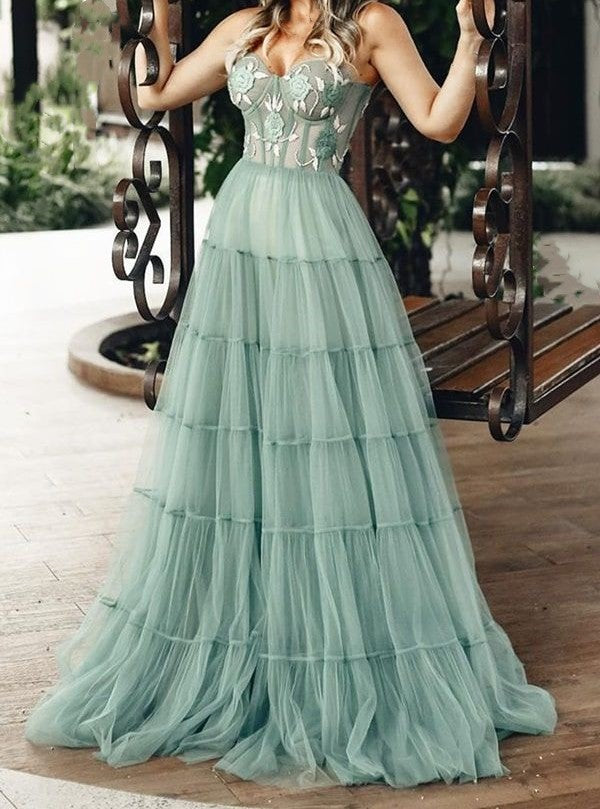 SSR1209,Mint Green Sweetheart Embroidery Tulle Long Prom Evening Dresses