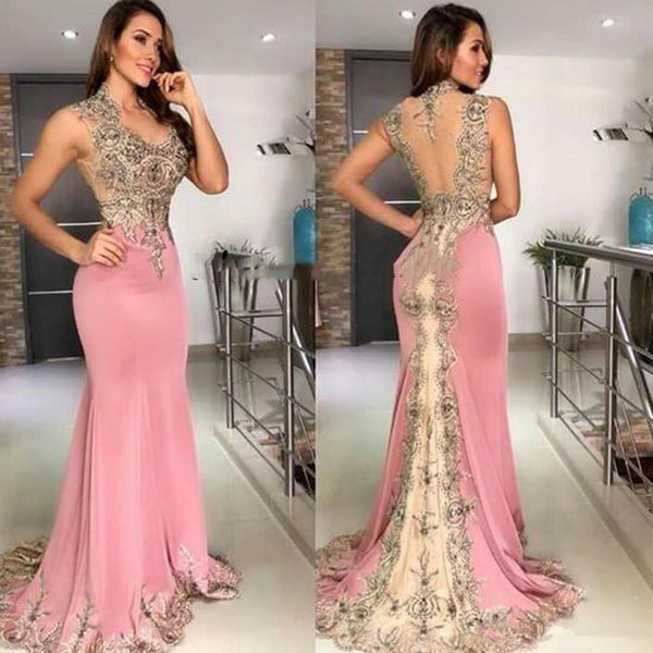 SSR0607,Pink mermaid applique beaded long prom dress