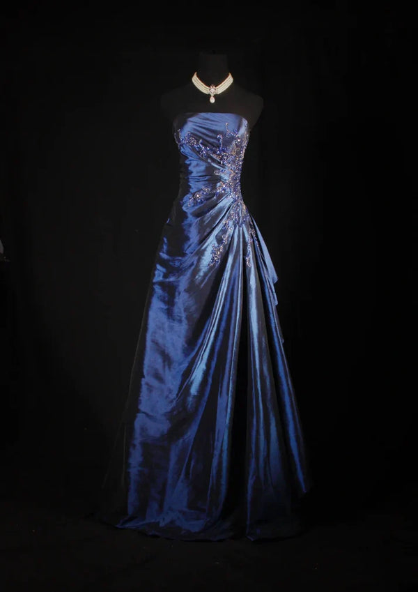 Vintage Ball Gown Strapless Navy Blue Satin Long Prom Dresses Party Dress ,SSR3622