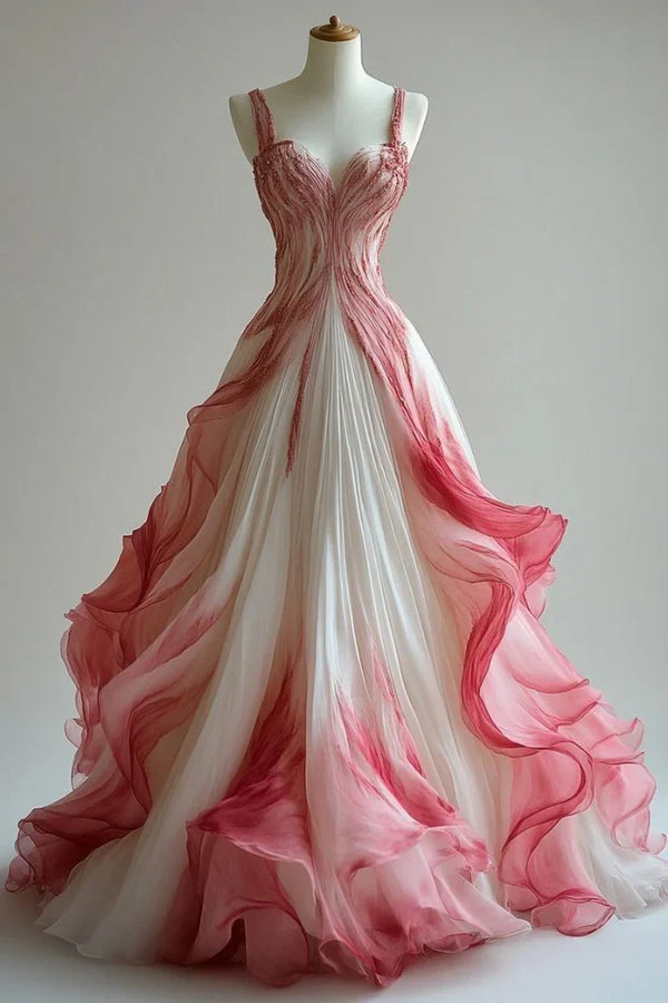 Vintage Ball Gown Straps Ombre Pink Prom Dresses Long Evening Gown Tulle Formal Party Dress, SSR3645