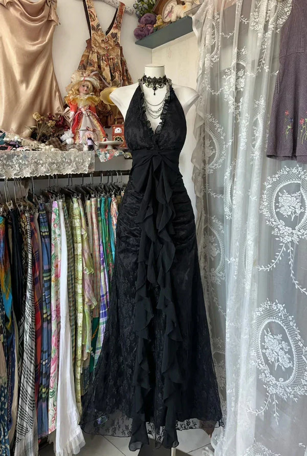 Vintage Mermaid Halter Sleeveless Long Black Lace Evening Dress Prom Dresses , SSR3630