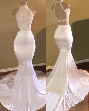 White High-Neck Evening Gown Sleeveless Newest Mermaid Prom Dress,SSR1120