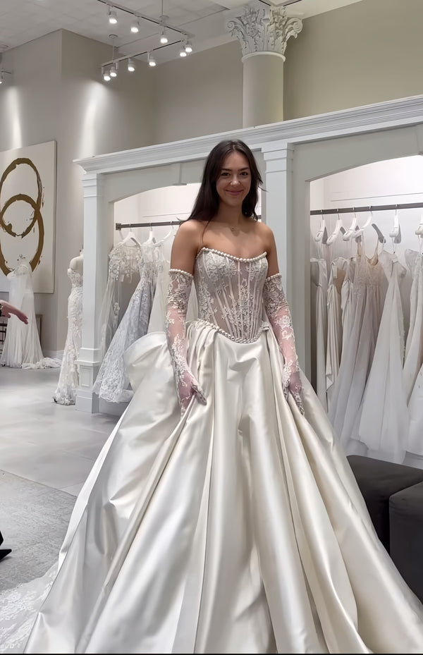 White Lace Pearl Beaded Wedding Dresses With Bowknot, SSR3475