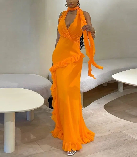 Ruffles Halter Sexy V Neck Backless Maxi Party Dresses Vacation Outfits Evening Dress