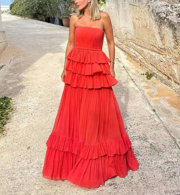 Red Strapless A-Line Layers Elegant Long Party Dress Off Shoulder Elegant Evening Dress